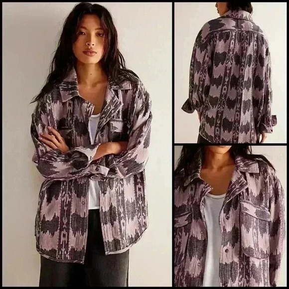 Free People We The Free Izzie Cargo Jacquard Purple Shacket Chore Jacket Size M - Picture 1 of 14